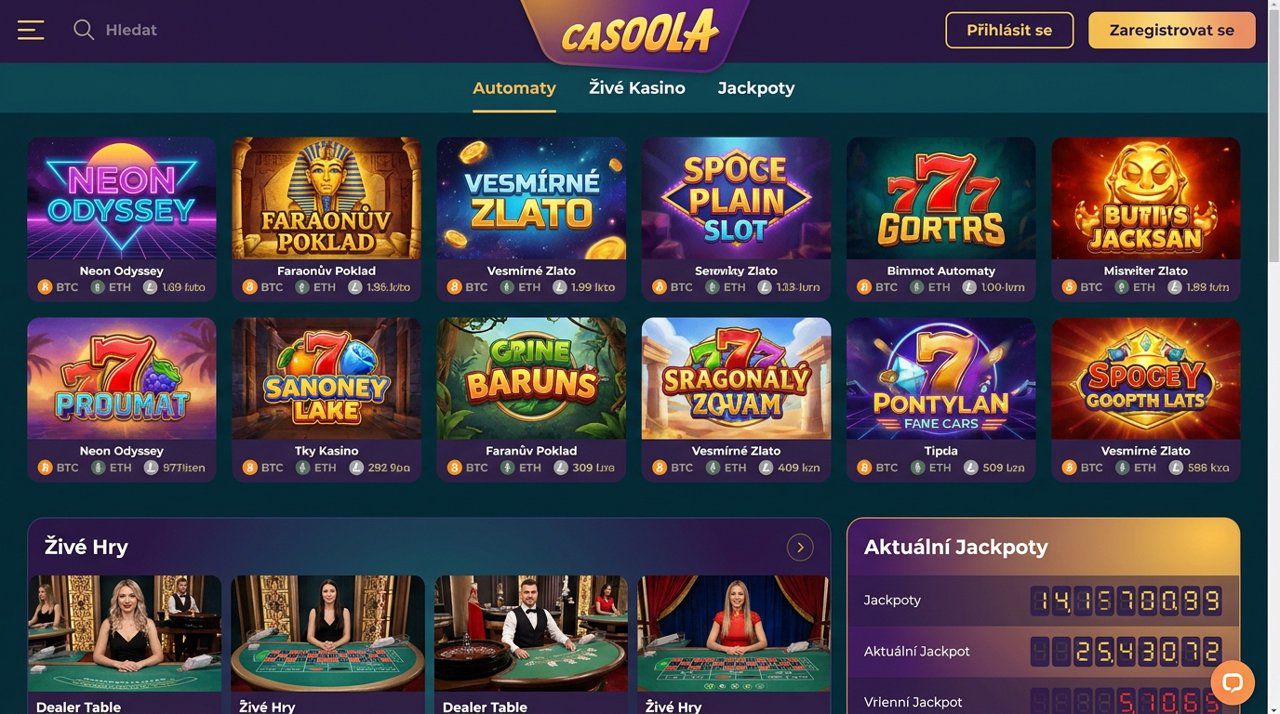 Snímek obrazovky webu online kasina Casoola